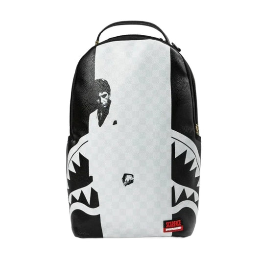 SPRAYGROUND Scarface Poster Style Quilt DLXSV Backpack featuring quilted Tony Montana artwork on black vegan leather with SPRAYGROUND logo detailing.