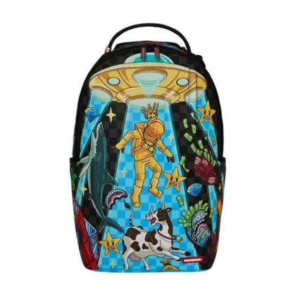 Sprayground Space Warped RMX DLXSV Backpack with cosmic graphic design and multiple zippered storage compartments.