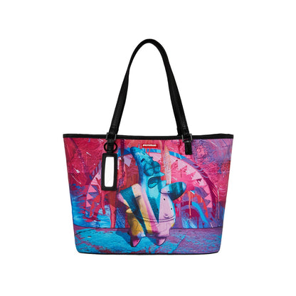 SPRAYGROUND Spongebob Painted Patrick Tote featuring vibrant hand-painted Patrick Star graphic on pink vegan leather with SPRAYGROUND logo detailing.