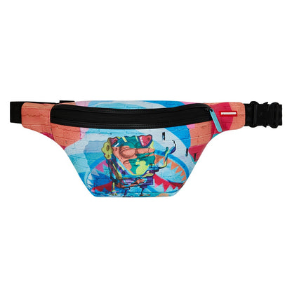 SPRAYGROUND Statue Painted Savvy Crossbody featuring colorful painted Statue of Liberty design on black vegan leather with silver zippers and SPRAYGROUND logo detailing.