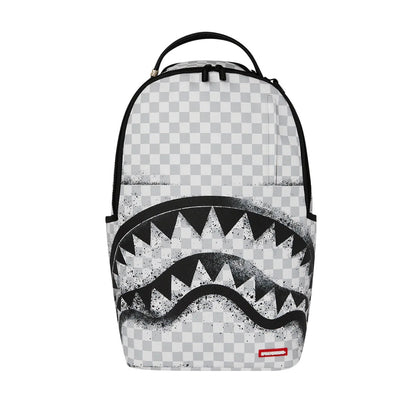 SPRAYGROUND Storm Fade Black Stencil DLXSL Backpack featuring a black gradient stencil design on vegan leather with SPRAYGROUND logo and metallic detailing.