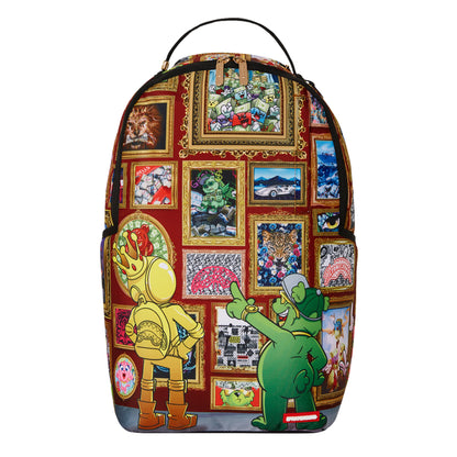 Sprayground backpack with vibrant gallery-style artwork, gold zippers, padded back, and adjustable straps for comfort and style.