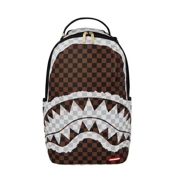 SPRAYGROUND Tear Away Check DLXSV Backpack featuring torn checkerboard design on premium vegan leather with SPRAYGROUND logo detailing.