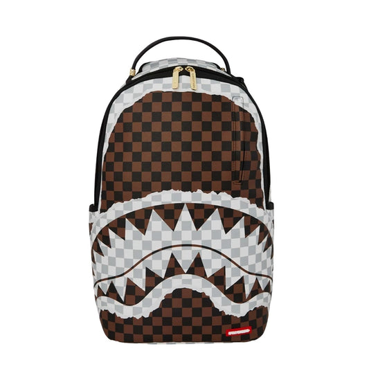 SPRAYGROUND Tear Away Check DLXSV Backpack featuring torn checkerboard design on premium vegan leather with SPRAYGROUND logo detailing.