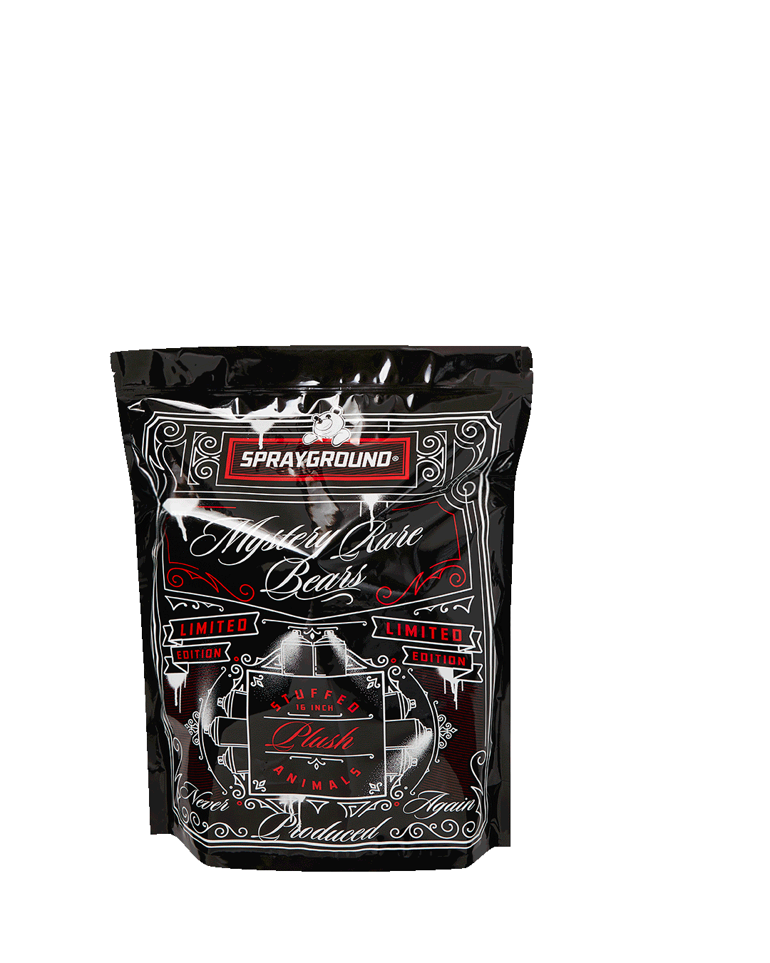 SPRAYGROUND W25 Plush Bear Mystery Pack featuring sealed packaging with collectible plush bear inside, part of limited-edition SPRAYGROUND bear series.