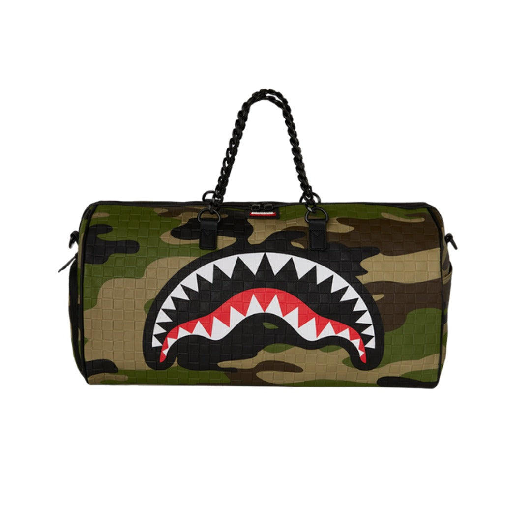 SPRAYGROUND Woodland Camo Check Chain Large Duffel featuring camouflage and checkerboard design with gold chain graphics and SPRAYGROUND logo detailing.