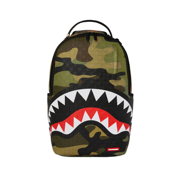 SPRAYGROUND Woodland Camo Check DLXSV Backpack featuring woodland camo and checkerboard design on black vegan leather with SPRAYGROUND logo detailing.