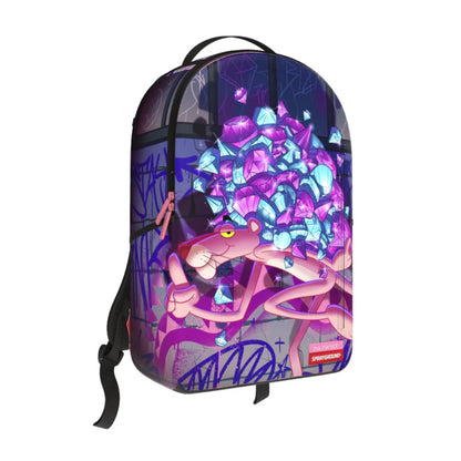 SPRAYGROUND Pink Panther Heist DLXSV Backpack featuring vibrant Pink Panther artwork on premium pink vegan leather with SPRAYGROUND logo detailing.