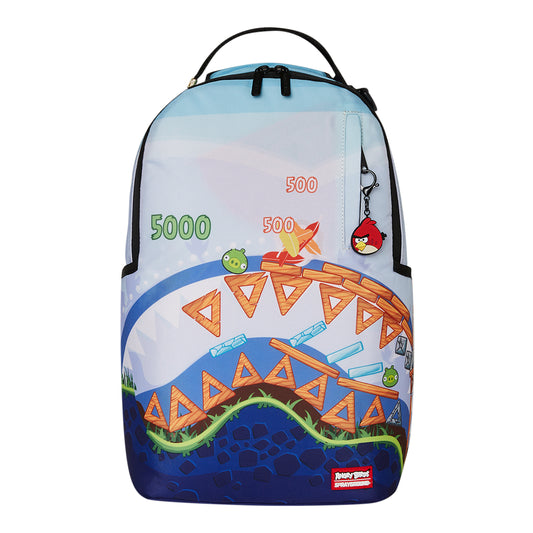 SPRAYGROUND Angry Birds Shark Game Backpack featuring Angry Birds in arcade theme with shark mouth graphic on a durable vegan leather exterior









