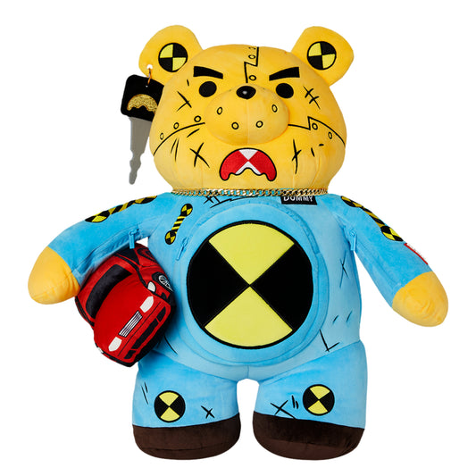 Sprayground teddy bear-shaped backpack with brown plush exterior, gold zippers, and padded straps for comfort and style.