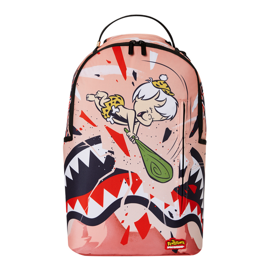 Sprayground DLXR Backpack featuring Bamm Bamm from The Flintstones smashing through the Sprayground shark mouth graphic, with bold colors, gold zippers, and multiple compartments for daily or travel use.