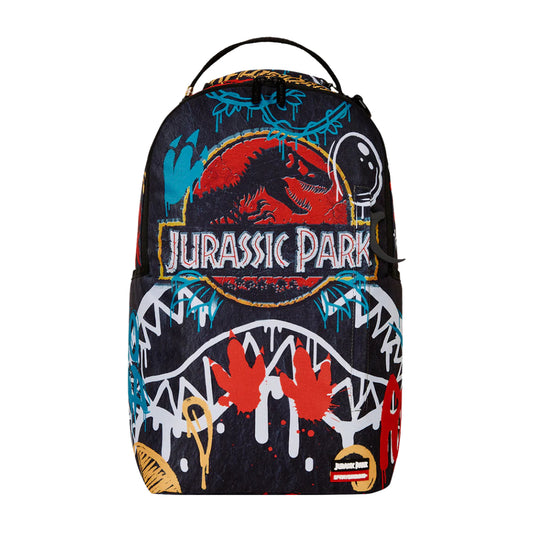 SPRAYGROUND Jurassic Poster DLXR Backpack featuring bold dinosaur artwork, zippered compartments, and padded straps for comfort and function.









