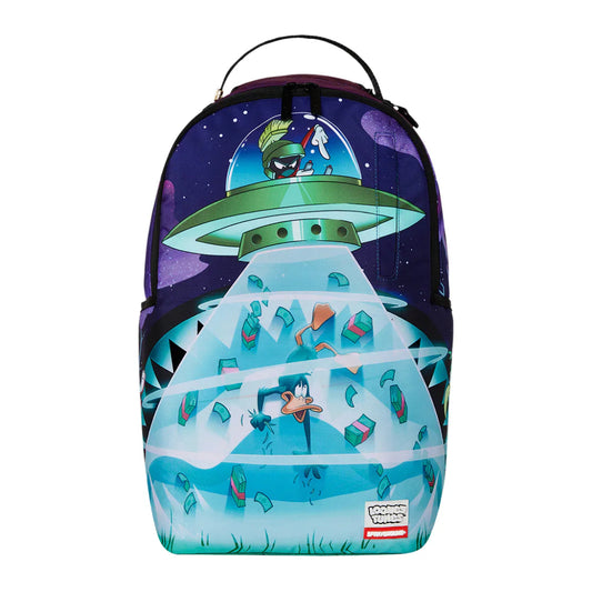 SPRAYGROUND backpack featuring Marvin the Martian abducting Daffy Duck in a vibrant cartoon-style space scene with bold colors and detailed graphic artwork.









