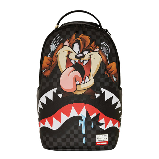 SPRAYGROUND Looney Tunes Taz Eat Shark DLXR Backpack featuring Taz and sharkmouth graphic, padded straps, and water-resistant black polyester.










