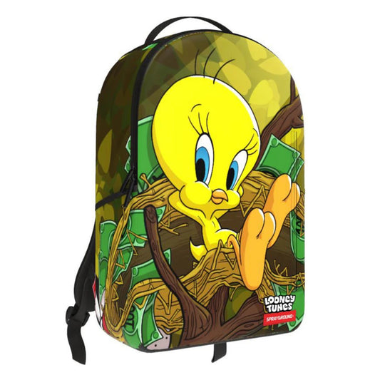 SPRAYGROUND Looney Tunes Tweety Money Nest Shark DLXR Backpack featuring Tweety Bird with dollar bills, gold accents, and the iconic shark mouth graphic on a black vegan leather background.









