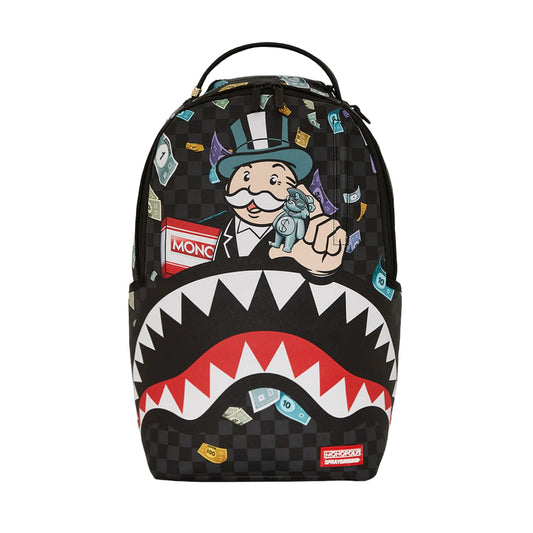 SPRAYGROUND Monopoly x Characters DLXSV Backpack featuring colorful Monopoly graphics, durable black vegan leather, and multi-pocket design with gold zippers.









