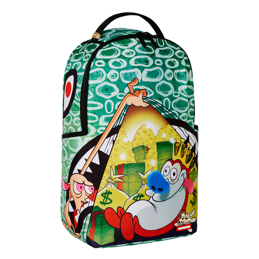 Sprayground DLXR Backpack featuring Ren and Stimpy tearing through a ripped graphic backdrop, with bold cartoon styling, gold zippers, and multiple compartments for everyday storage and travel.