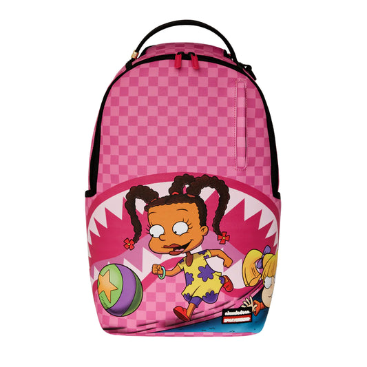 SPRAYGROUND Rugrats Susie Playground Pop DLXSV Backpack featuring a colorful cartoon design of Susie Carmichael on a pink and purple vegan leather background with playful detailing.









