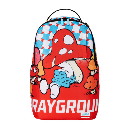 SPRAYGROUND DLXR Backpack featuring a relaxed Smurf graphic, water-resistant fabric, zippered compartments, padded straps, and ergonomic back support.









