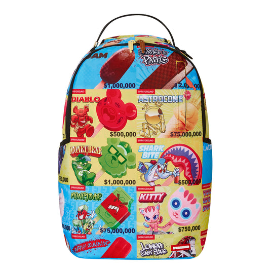 Sprayground DLXR Backpack featuring original characters around a colorful ice cream truck, with graffiti-style details, gold zippers, and multiple compartments for organized everyday or travel use.