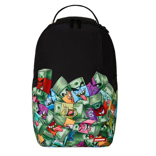Backpack featuring animated characters with stacks of money, gold zipper details, and a bold, structured streetwear design