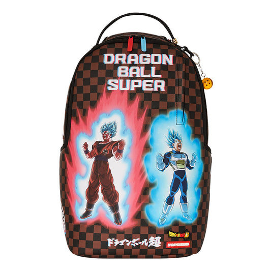 SPRAYGROUND Dragon Ball Z Goku and Vegeta: Dual Ascension DLXSV Backpack featuring Goku and Vegeta powering up in Super Saiyan form with lightning effects on vegan leather









