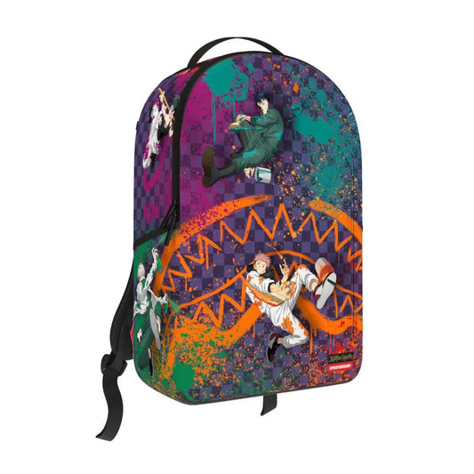 Sprayground Jujutsu Kaisen DLXR Backpack with anime characters and paint splatter design on a black base, gold zippers, and multiple compartments.