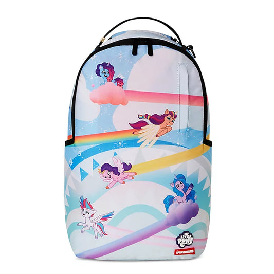 Sprayground DLXR Backpack featuring a colorful My Little Pony trail-themed graphic with vibrant characters, gold zippers, and multiple compartments on a structured black frame.