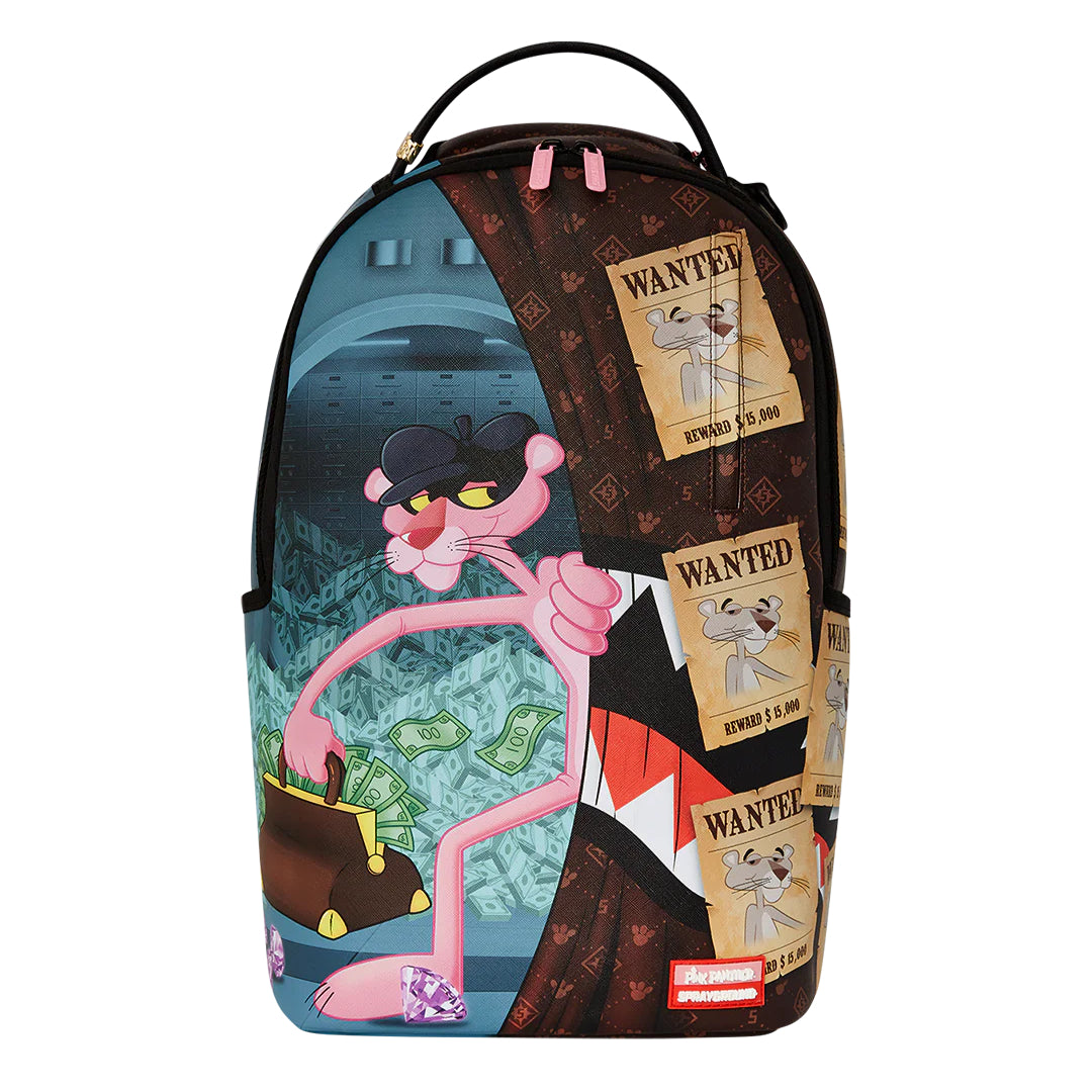 Sprayground backpack featuring the Pink Panther driving a red getaway car on a sleek black background with bold, cartoon-style design.