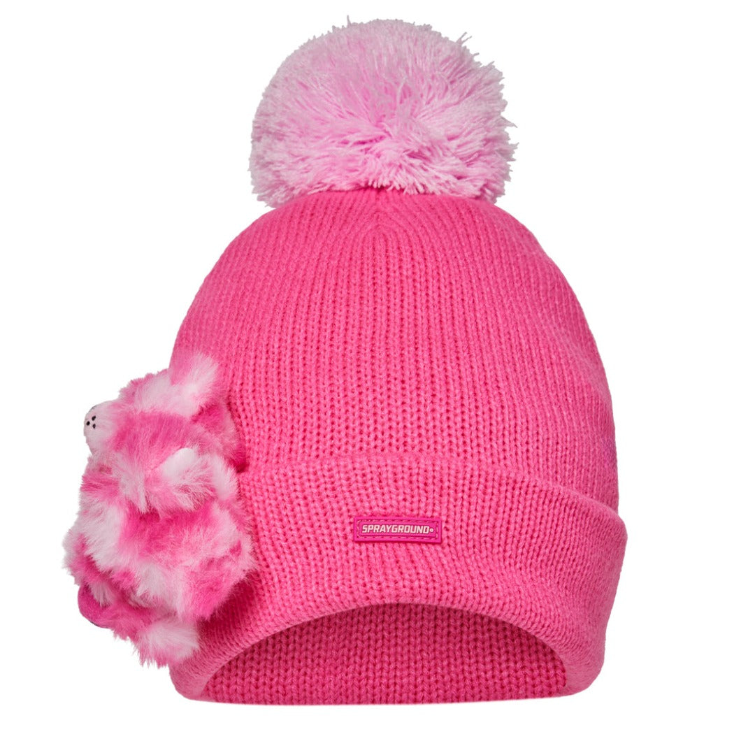 Sprayground Pink Lil Bear Puff Beanie with bear puff detail and knit design