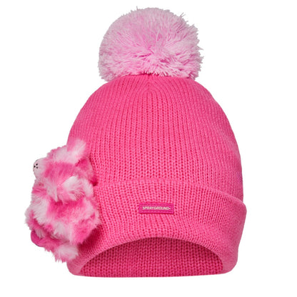 Sprayground Pink Lil Bear Puff Beanie with bear puff detail and knit design