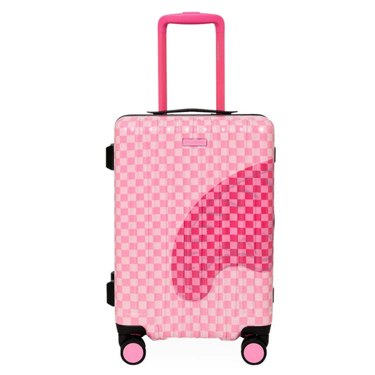 Sprayground Pink Sip Patch carry-on luggage in bright pink with patch graphics, telescopic handle, and 360-degree spinner wheels for stylish travel.