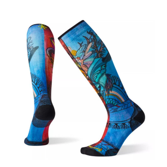 Women’s ultra-light ski socks featuring merino wool construction, breathable winter performance comfort, and colorful artist-designed print styling for skiing and snowboarding