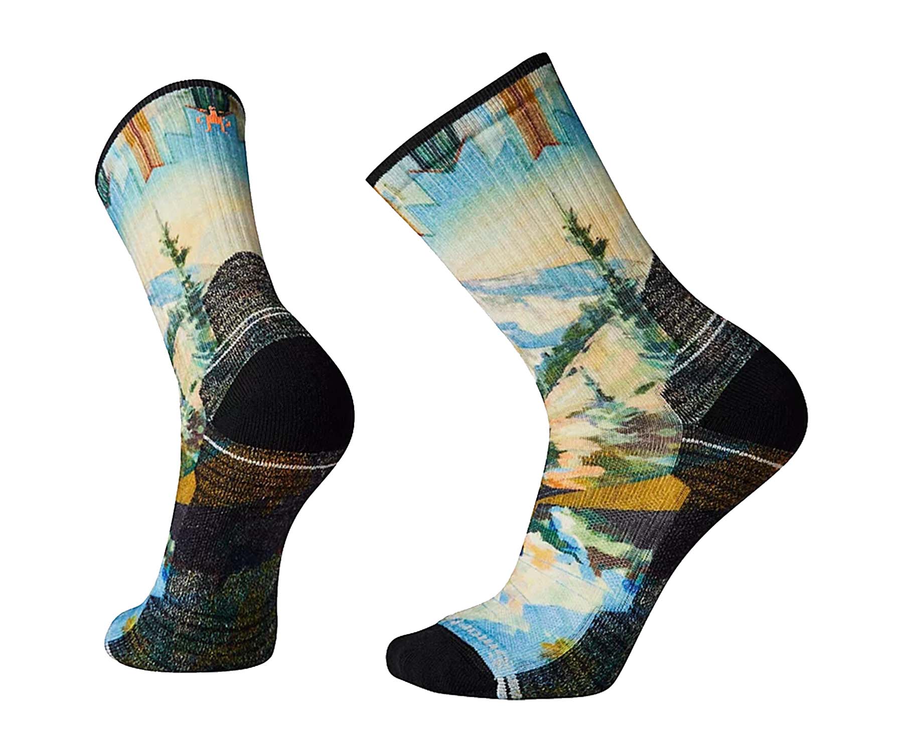Hiking crew socks featuring light cushioned merino wool construction, breathable trail comfort, and mountain-inspired printed styling for outdoor adventures