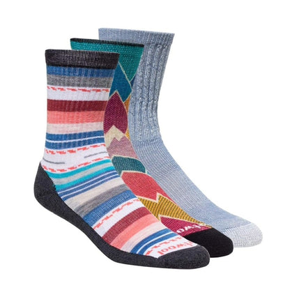 Three pairs of women’s lightweight hiking socks in a gift box, featuring merino wool blend construction, light cushioning, and outdoor-inspired designs for trail comfort