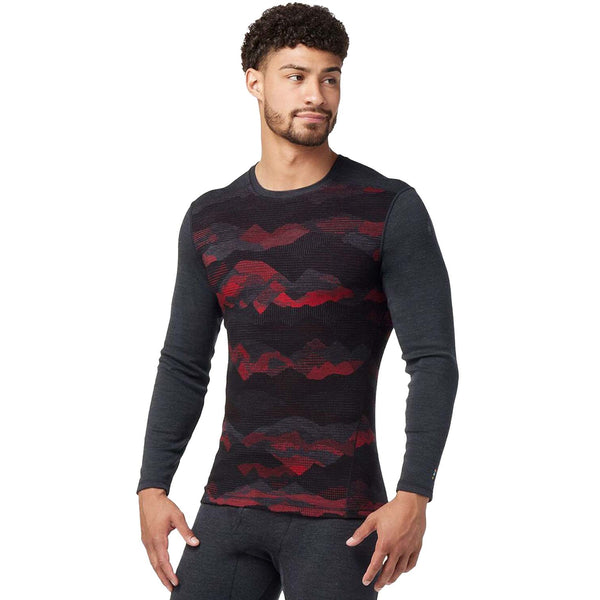 Men’s patterned merino wool thermal base layer crew featuring breathable warmth, moisture-wicking comfort, and midweight cold-weather performance for outdoor activities
