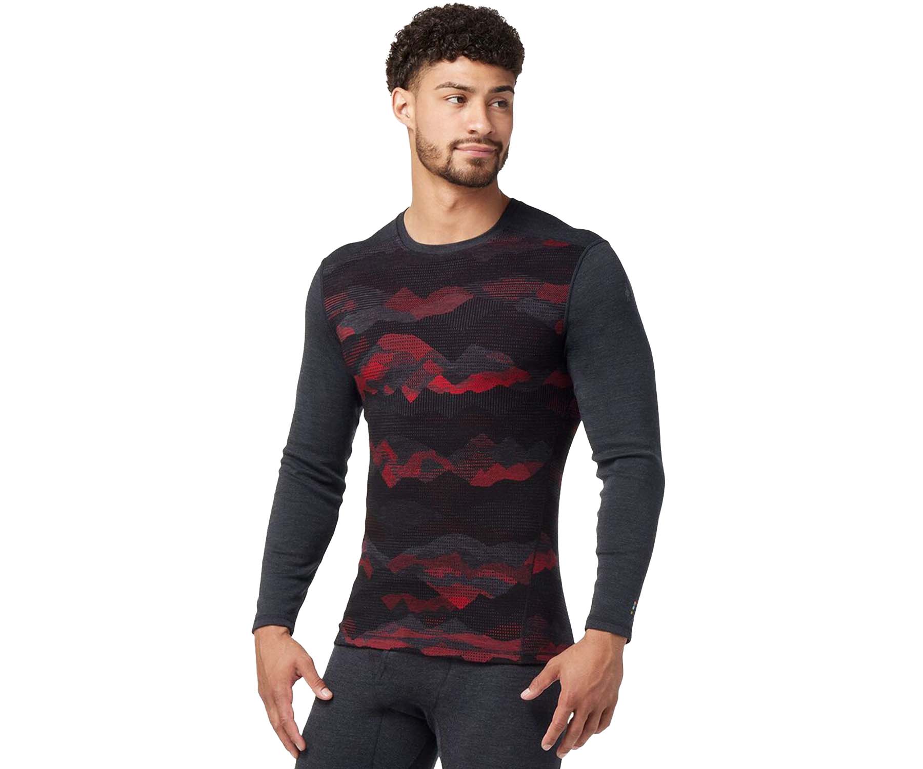 Men’s patterned merino wool thermal base layer crew featuring breathable warmth, moisture-wicking comfort, and midweight cold-weather performance for outdoor activities