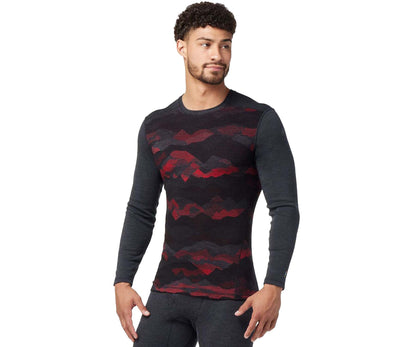 Men’s patterned merino wool thermal base layer crew featuring breathable warmth, moisture-wicking comfort, and midweight cold-weather performance for outdoor activities