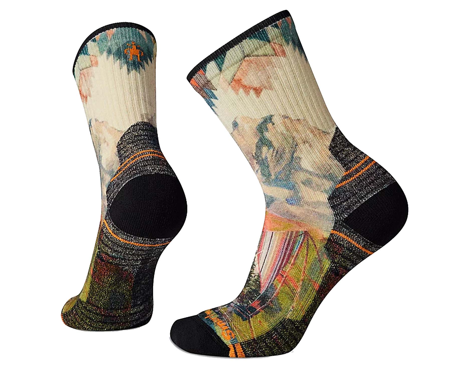 Women’s crew hiking socks featuring light cushioned merino wool construction, breathable trail comfort, and colorful printed outdoor styling for hiking adventures