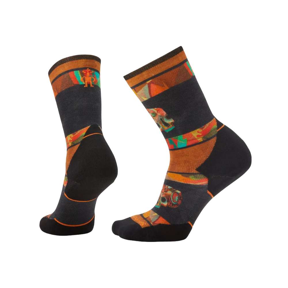 Women’s athletic crew socks featuring merino wool performance construction, breathable running comfort, and bold printed styling for training and active wear