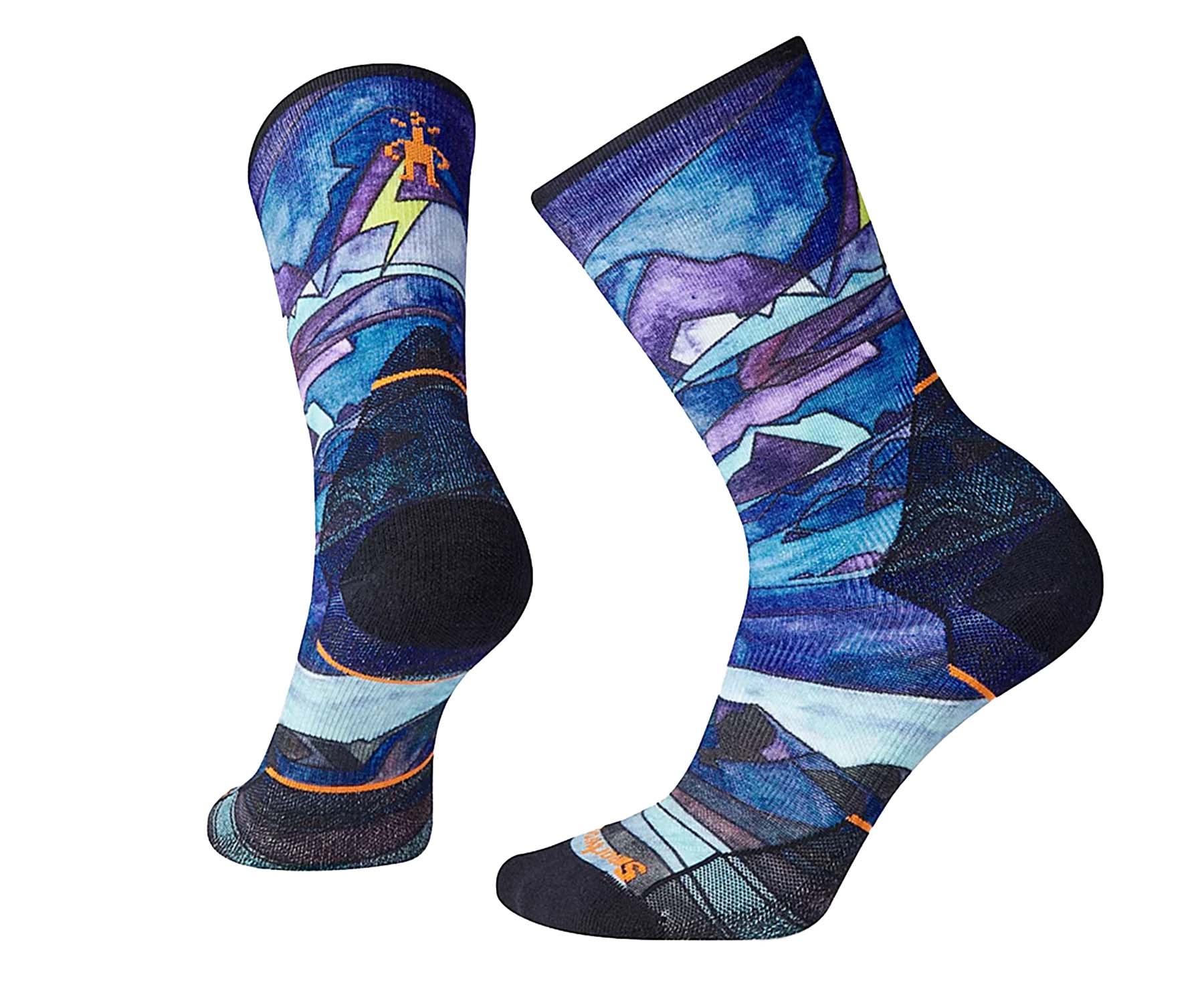 Women’s athletic crew socks featuring merino wool performance construction, breathable running comfort, and bold printed styling for training and active wear