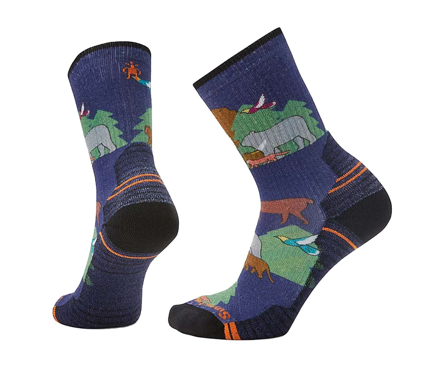 Women’s crew hiking socks featuring light cushioned merino wool construction, breathable trail comfort, and colorful printed outdoor styling for hiking adventures