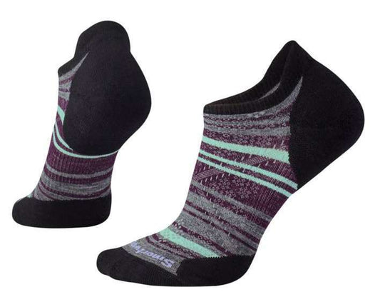 Women’s micro running socks featuring lightweight merino wool construction, targeted cushioned comfort, and sporty striped styling for training and active wear