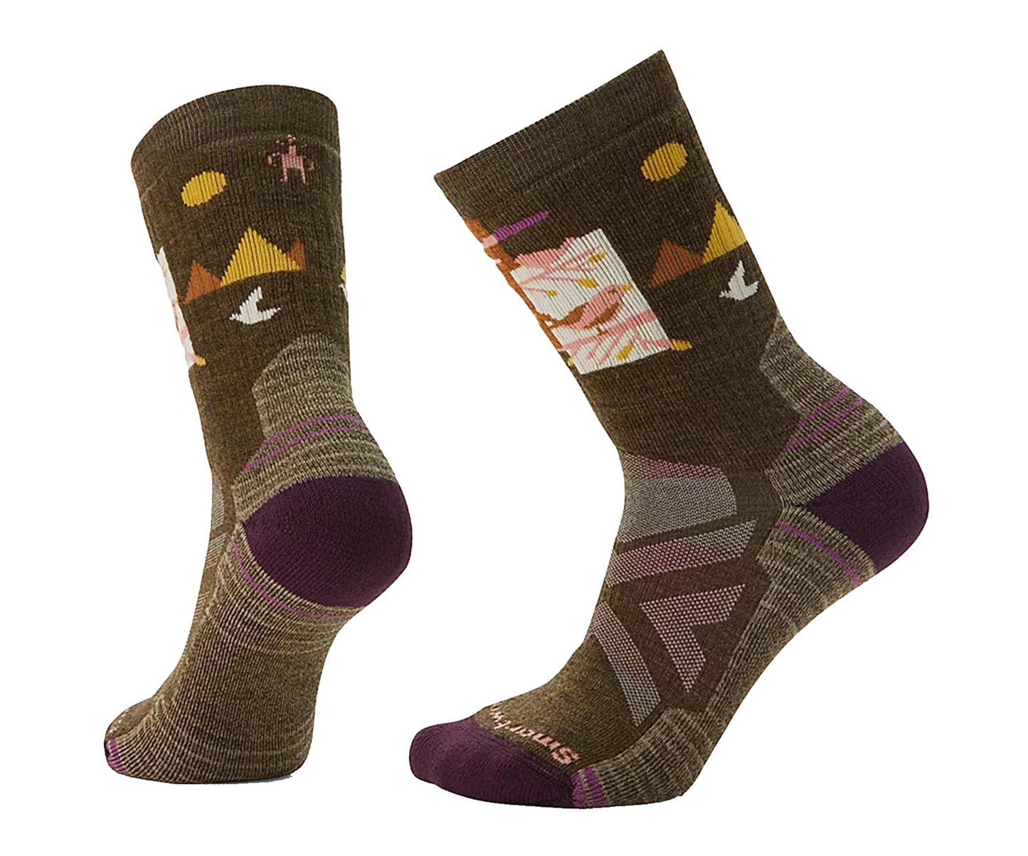 Women’s fully cushioned hiking crew socks featuring breathable merino wool construction, supportive trail comfort, and alpine-inspired outdoor styling for hiking adventures