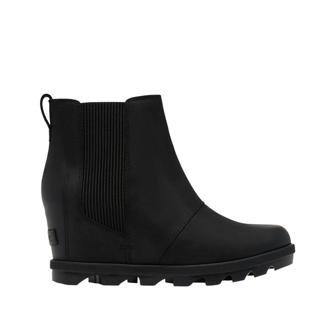 Women’s Chelsea wedge ankle boots featuring a sleek leather and textile upper, elastic side panels, rear pull tab, cushioned footbed, supportive wedge sole, and durable rubber outsole for stylish everyday wear