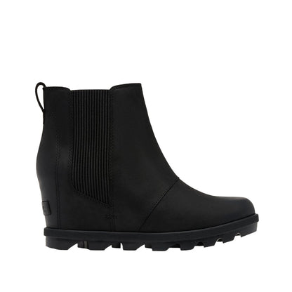 Women’s Chelsea wedge ankle boots featuring a sleek leather and textile upper, elastic side panels, rear pull tab, cushioned footbed, supportive wedge sole, and durable rubber outsole for stylish everyday wear