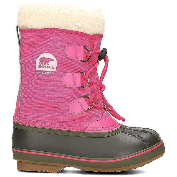 Kids' waterproof winter snow boots with a nylon upper, Sherpa cuff, removable felt liner, toggle laces, and vulcanized rubber traction outsole.