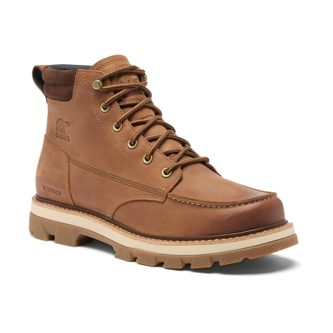 Men’s waterproof moc-toe shoes featuring a leather and textile upper, lace-up closure, padded collar, cushioned footbed, reinforced moc-toe construction, and durable rubber outsole for comfortable everyday wear in wet conditions