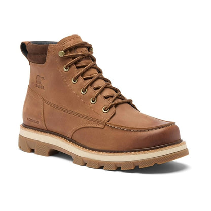 Men’s waterproof moc-toe shoes featuring a leather and textile upper, lace-up closure, padded collar, cushioned footbed, reinforced moc-toe construction, and durable rubber outsole for comfortable everyday wear in wet conditions