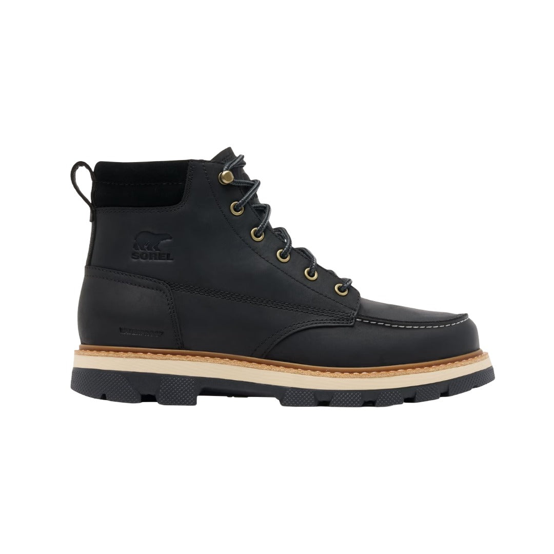 Men’s waterproof moc-toe shoes featuring a leather and textile upper, lace-up closure, padded collar, cushioned footbed, reinforced moc-toe construction, and durable rubber outsole for comfortable everyday wear in wet conditions